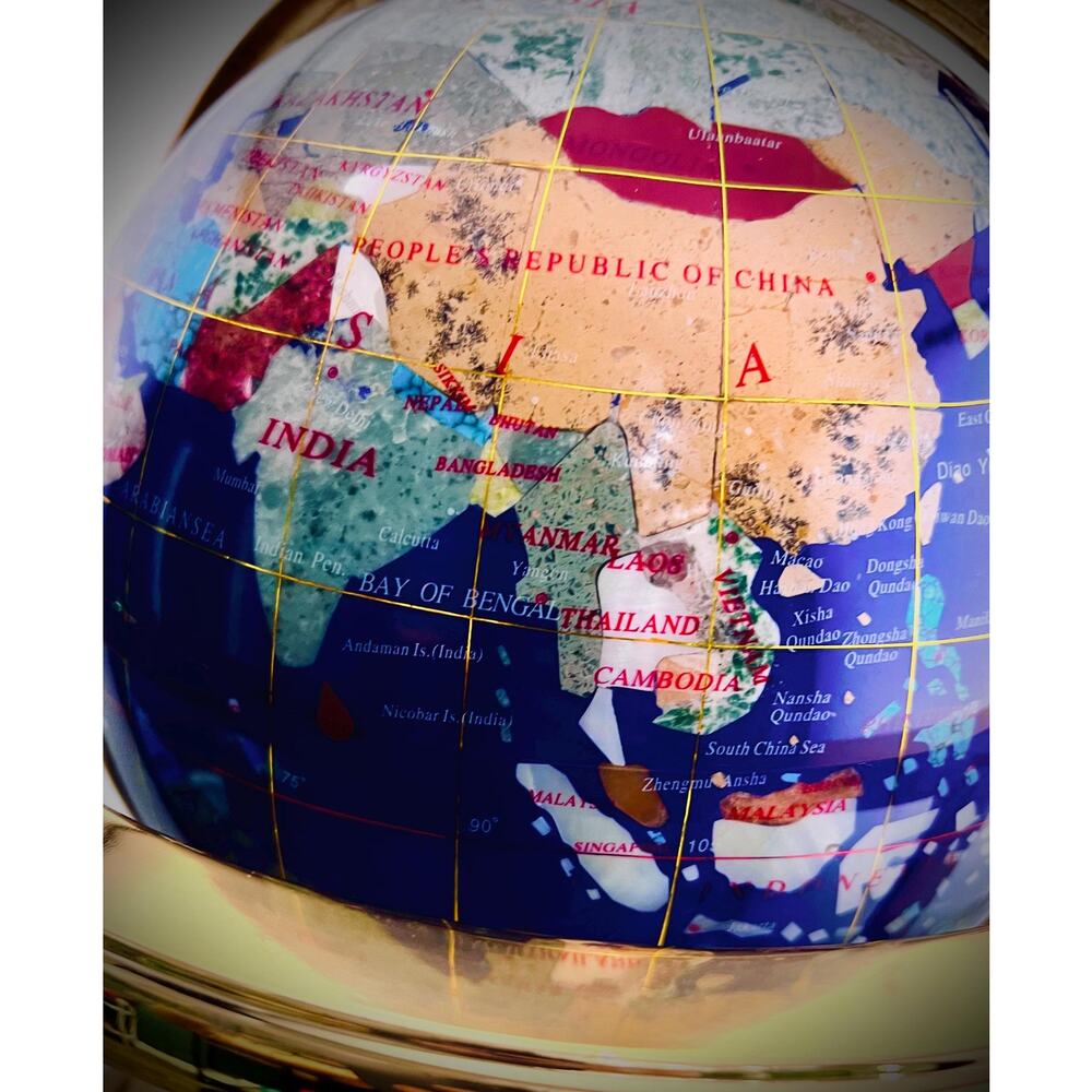 Gemstone Inlay Globe w/ Compass Base, 14” Tall – Gold-Tone Stand - Picture 3 of 10